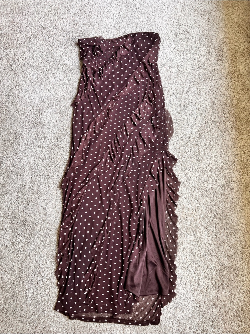 Sincerely Jules Brown Polka Dot Ruffle Maxi Dress